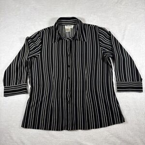Fred David Stretch Vintage 70s Style Black White Stripe Blouse L Pointed Collar